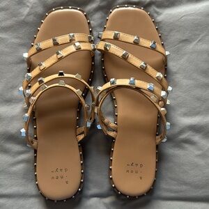 A New Day Tan Silver Studded Sandals NWOT